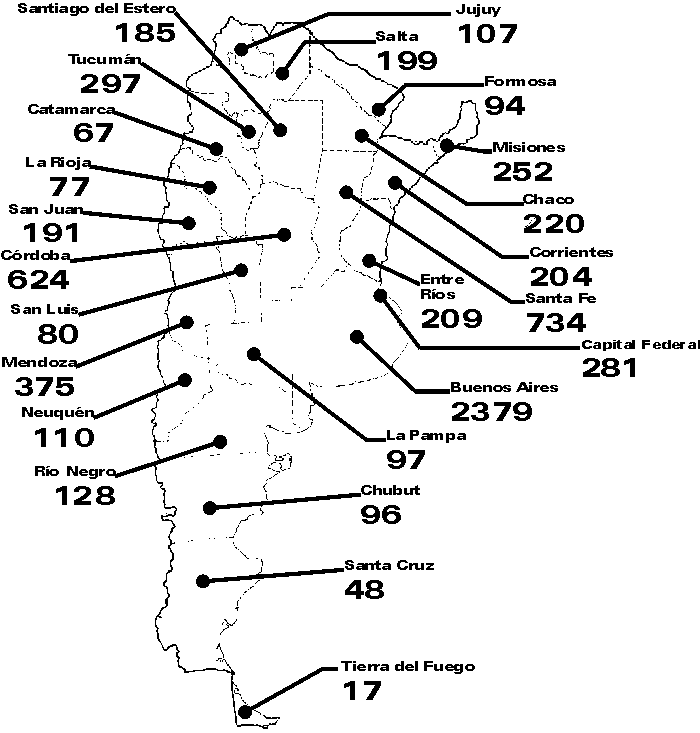 Mapa de total de muertos durante el 2001 en la Argentina