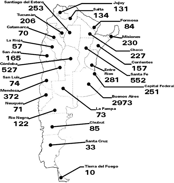 Mapa de total de muertos durante el 2005 en la Argentina