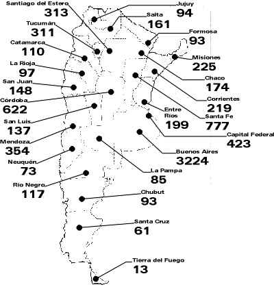 Mapa de total de muertos durante el 2008 en la Argentina