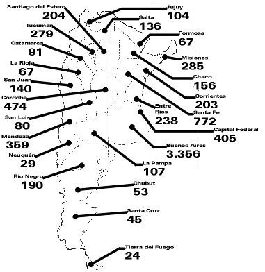 Mapa de total de muertos durante el 2008 en la Argentina