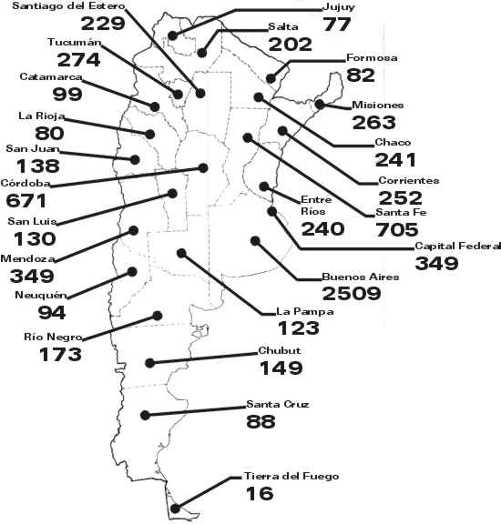 Mapa de total de muertos durante el 2008 en la Argentina